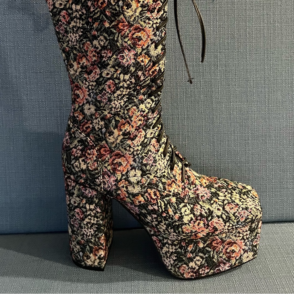 Jeffrey Cambell Floral Tapestry Knee High Lace-Up Platform Boots